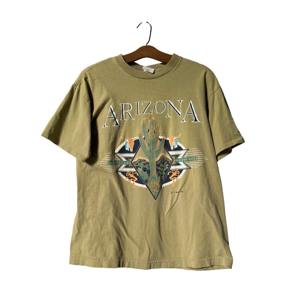 Vintage 90s Arizona Steer Skull Cactus Souvenier TShirt Womens M Cotton Green